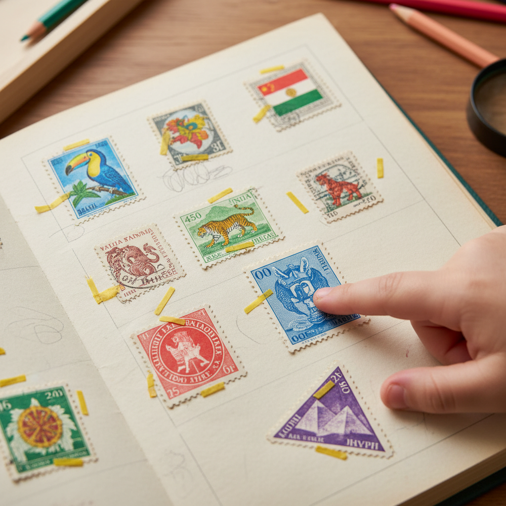 Child's first stamp album open to a page with crooked hinges and colorful world stamps
