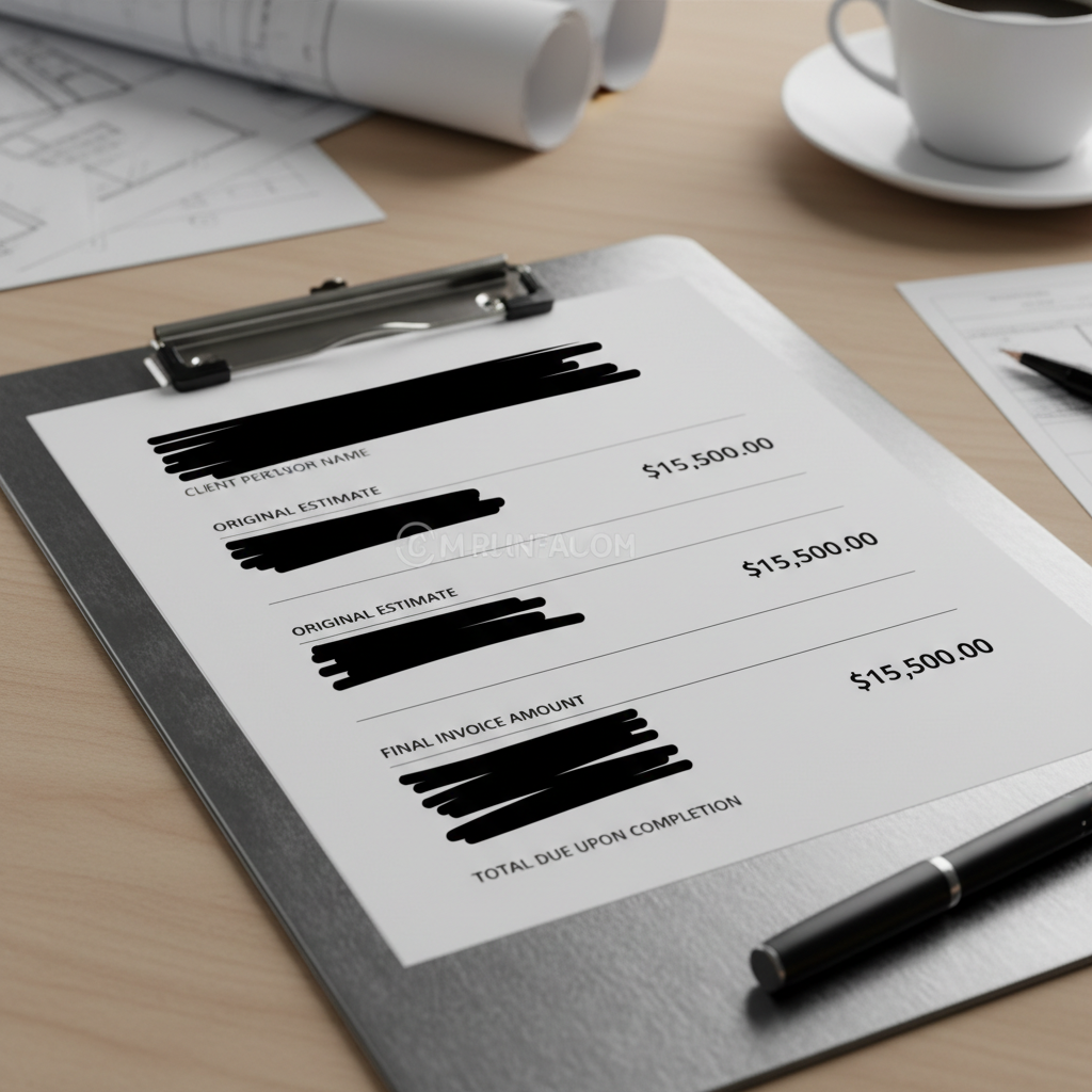 Redacted contractor invoice showing original estimate matching final invoice amount, placed on a steel clipboard