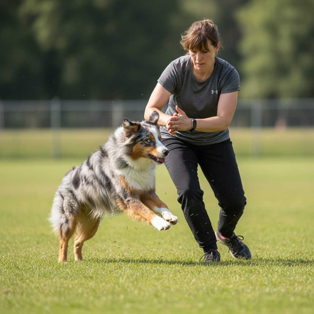 Australian shepherd doing a front cross with handler
