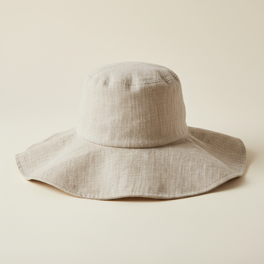 Wide-brim sun hat in sun-bleached linen fabric, lit from above against a cream background