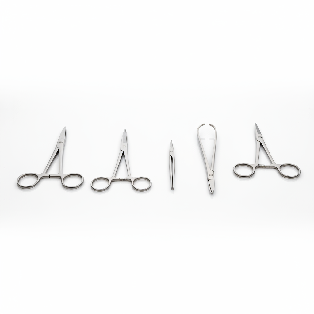 Surgical instruments — stainless steel tools on a clean clinical tray, bright sterile environment