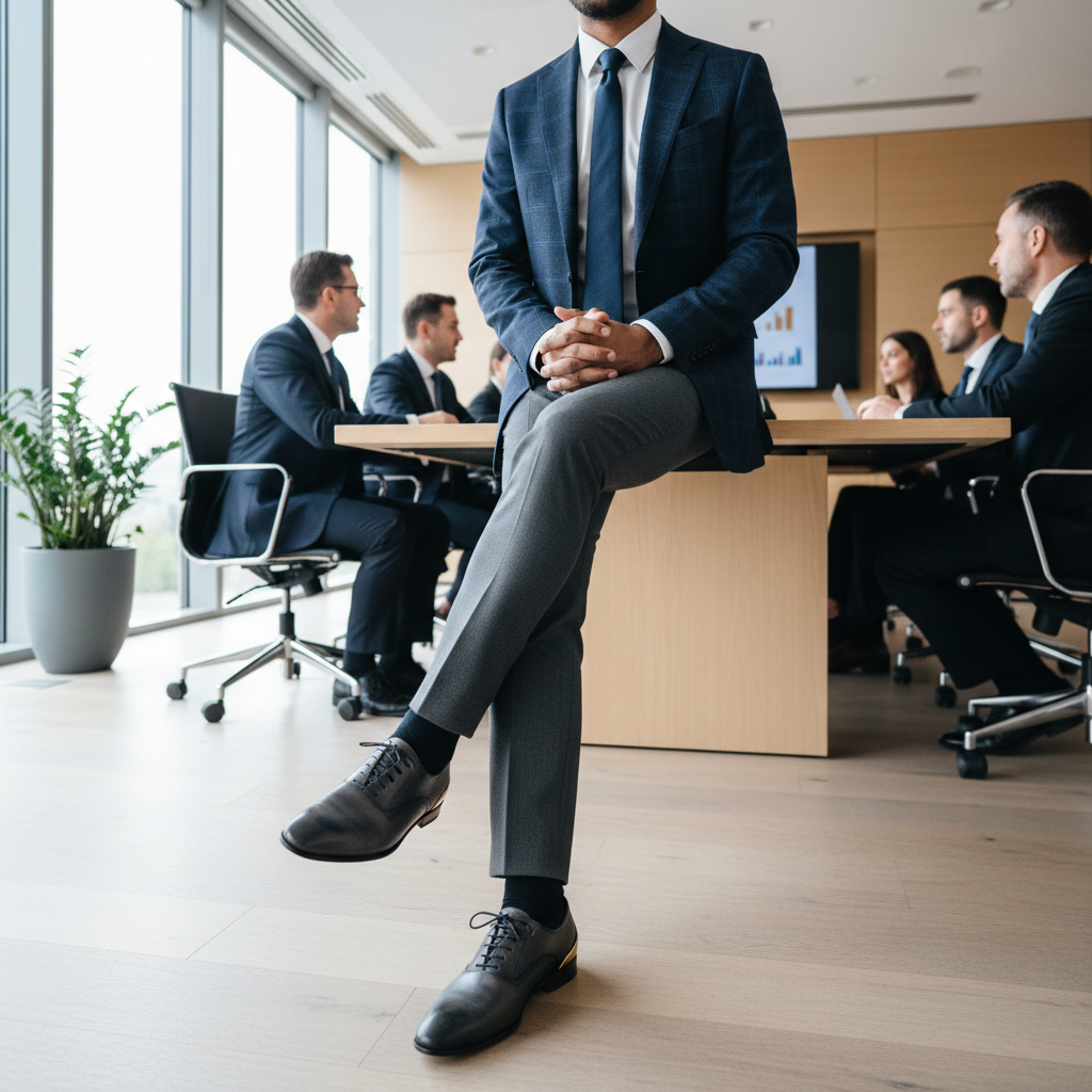 Professional in business meeting wearing Stride Graphite Gold shoes with tailored chinos and blazer