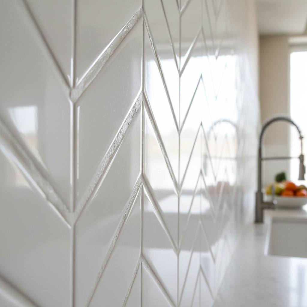 Fresh grout lines on chevron backsplash tile detail