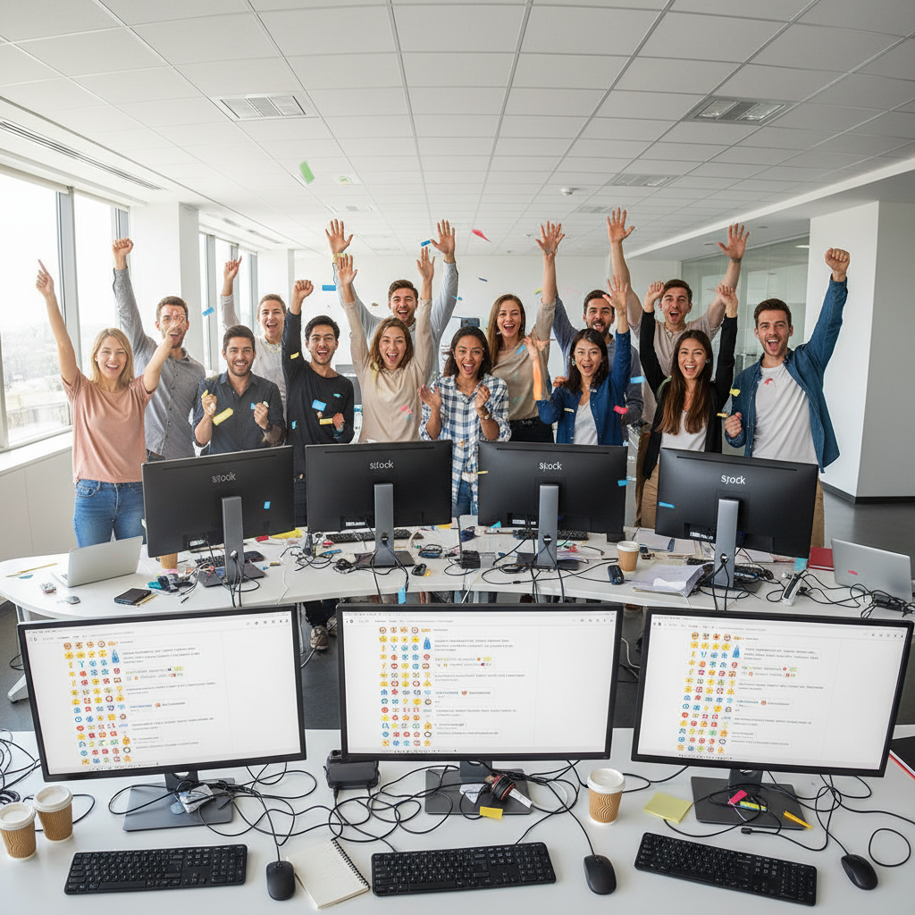 Team members laughing and celebrating a product launch in a bright office environment
