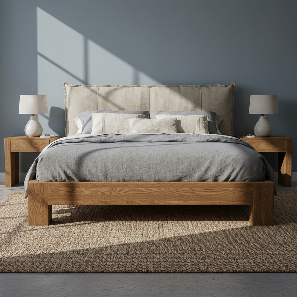 Sophisticated bedroom with a firm luxury mattress, crisp white linen and natural wood furniture