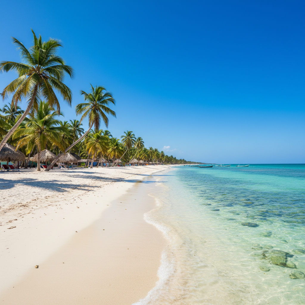 Playa Blanca de Barú con arena blanca, palmeras inclinadas y aguas color esmeralda en Colombia