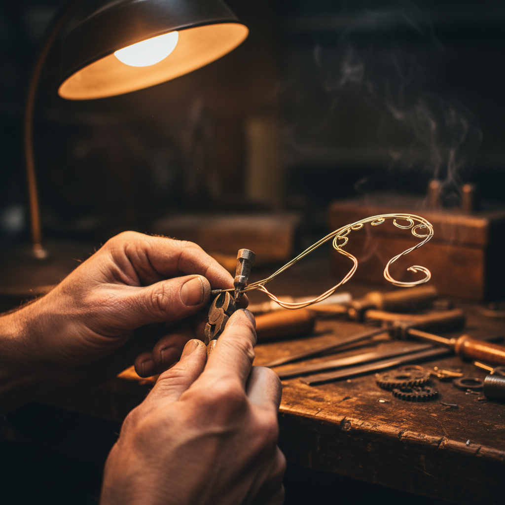 Artisan hands carefully assembling a brass lamp base in a well-lit workshop with tools and metal components on a dark workbench