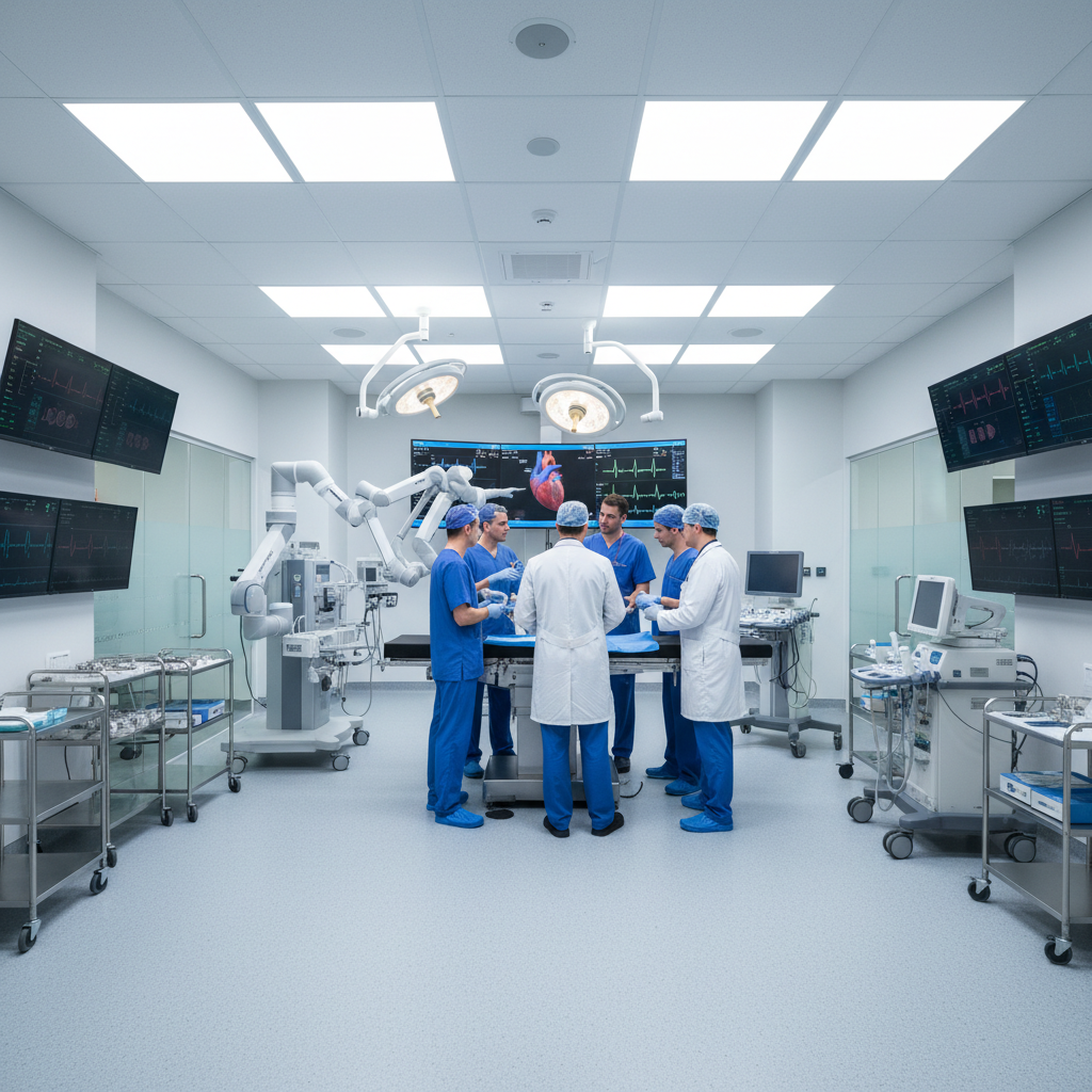 Anesthesiologist in blue scrubs reviewing monitoring screens in a bright, modern operating room