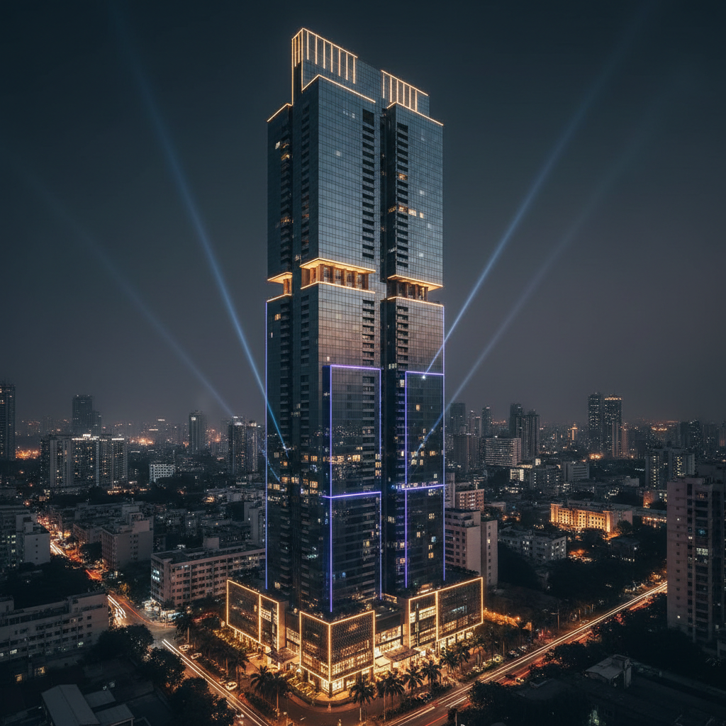 Luxury residential tower facade at twilight, dark steel and glass, dramatic low-key lighting