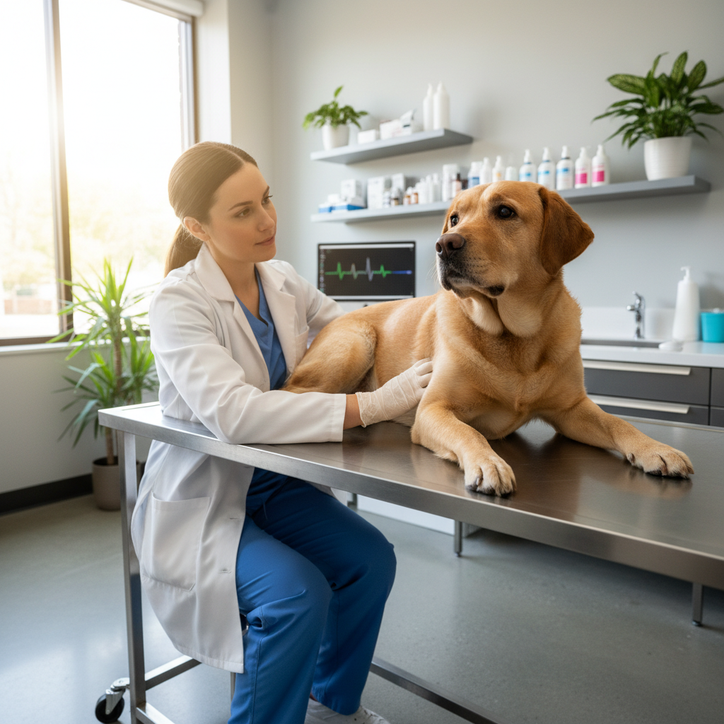 Köpek veteriner muayenesinde, parazit tedavisi ve bakımı