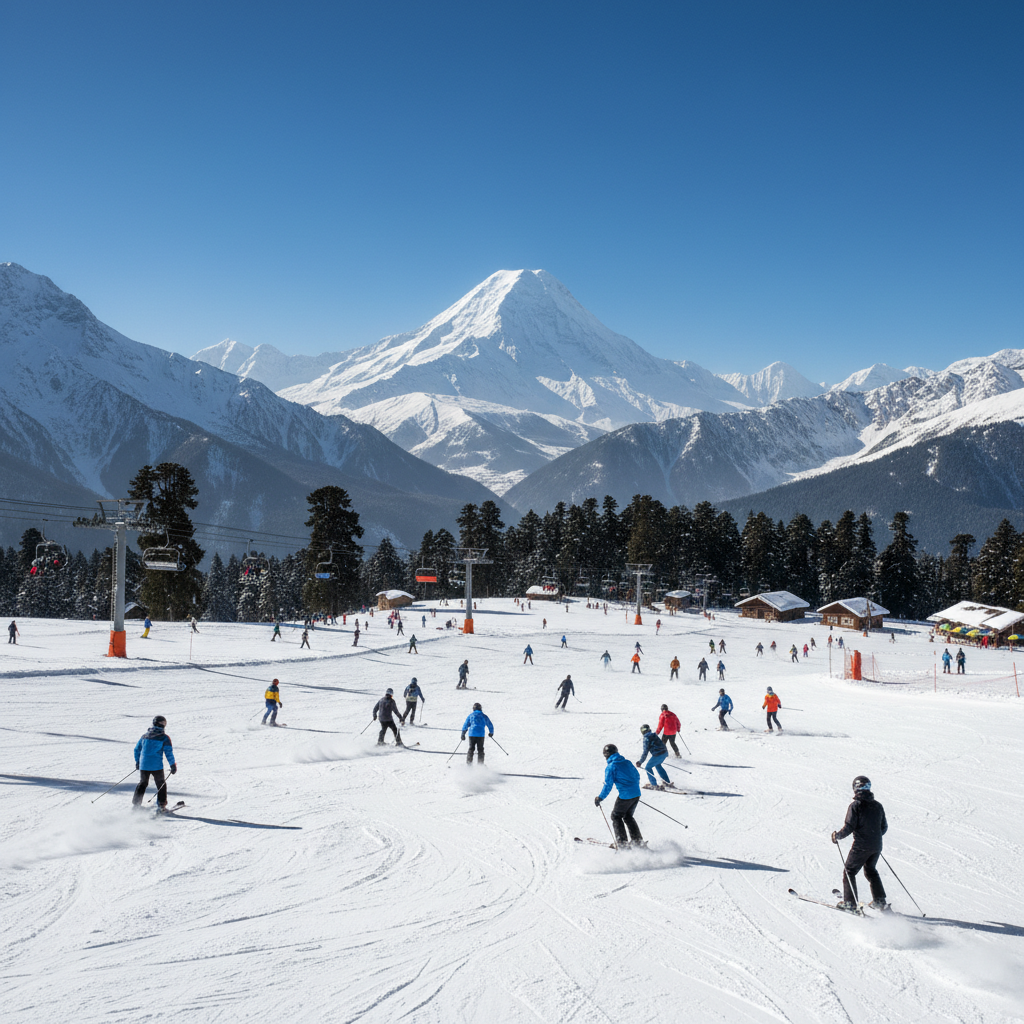 Skiers on pristine white slopes of Gulmarg ski resort with pine forests