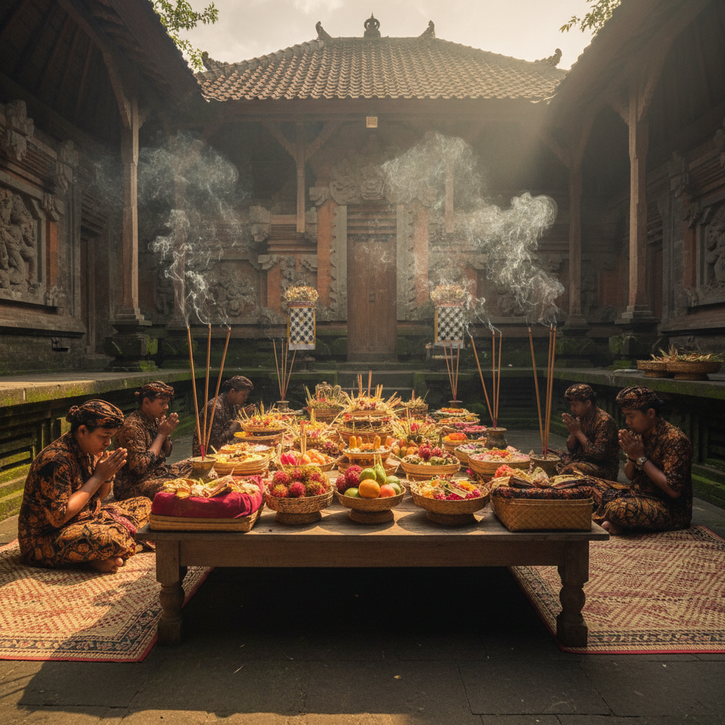 Balinese temple ceremony with offerings and incense smoke