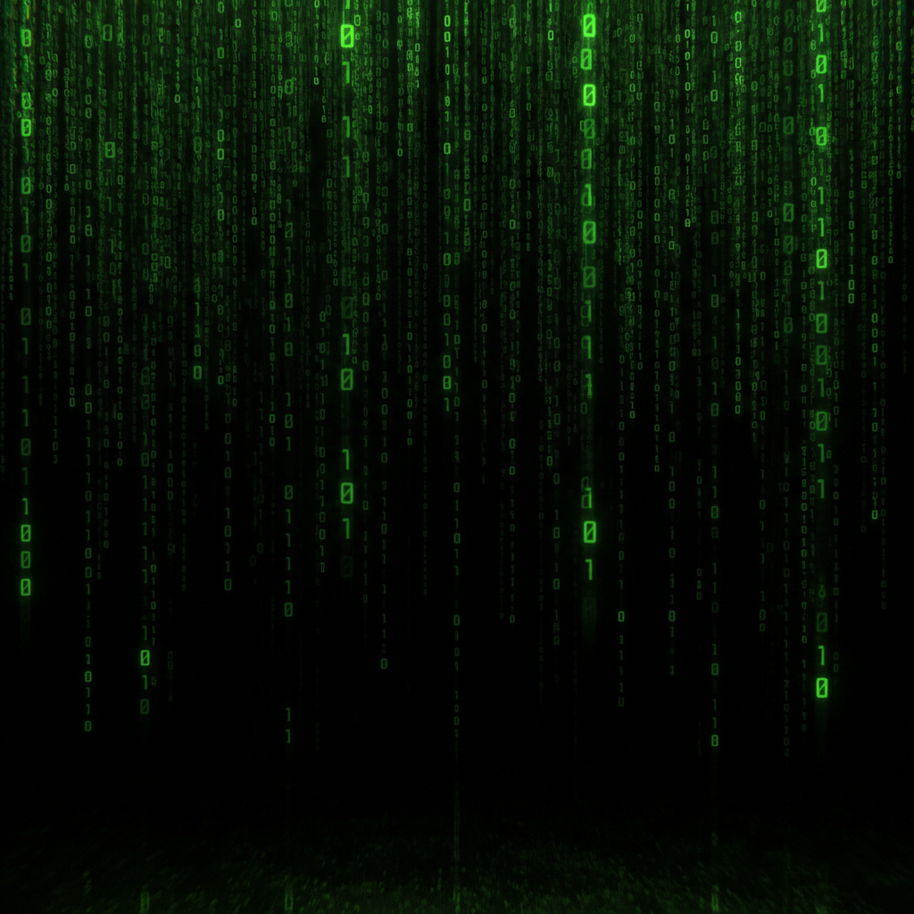 Matrix-style green code rain on dark background