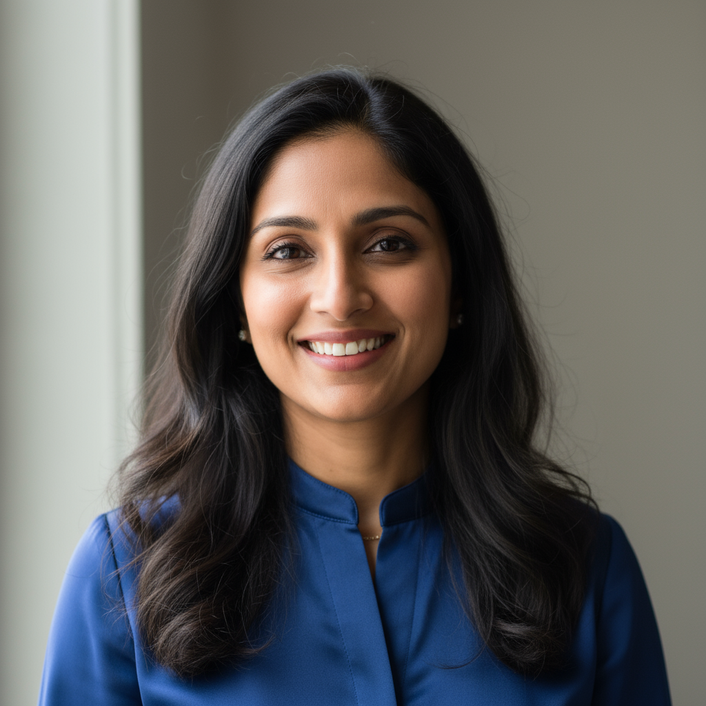 Indian woman in early 30s with long dark hair, professional business attire, confident expression, studio lighting