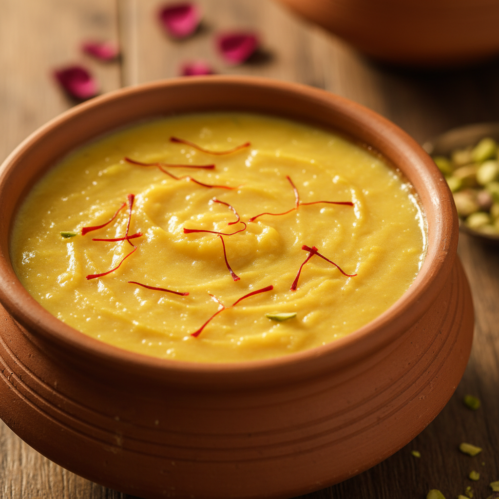 Shrikhand saffron yogurt dessert in clay pot with almond garnish