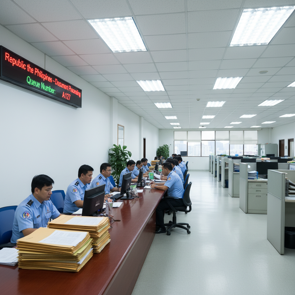 Philippine government office interior, bright fluorescent lighting, clean white walls, official document processing counter