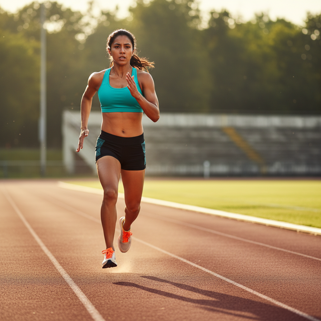 South Asian female runner in her late 20s in athletic gear, mid-stride on track