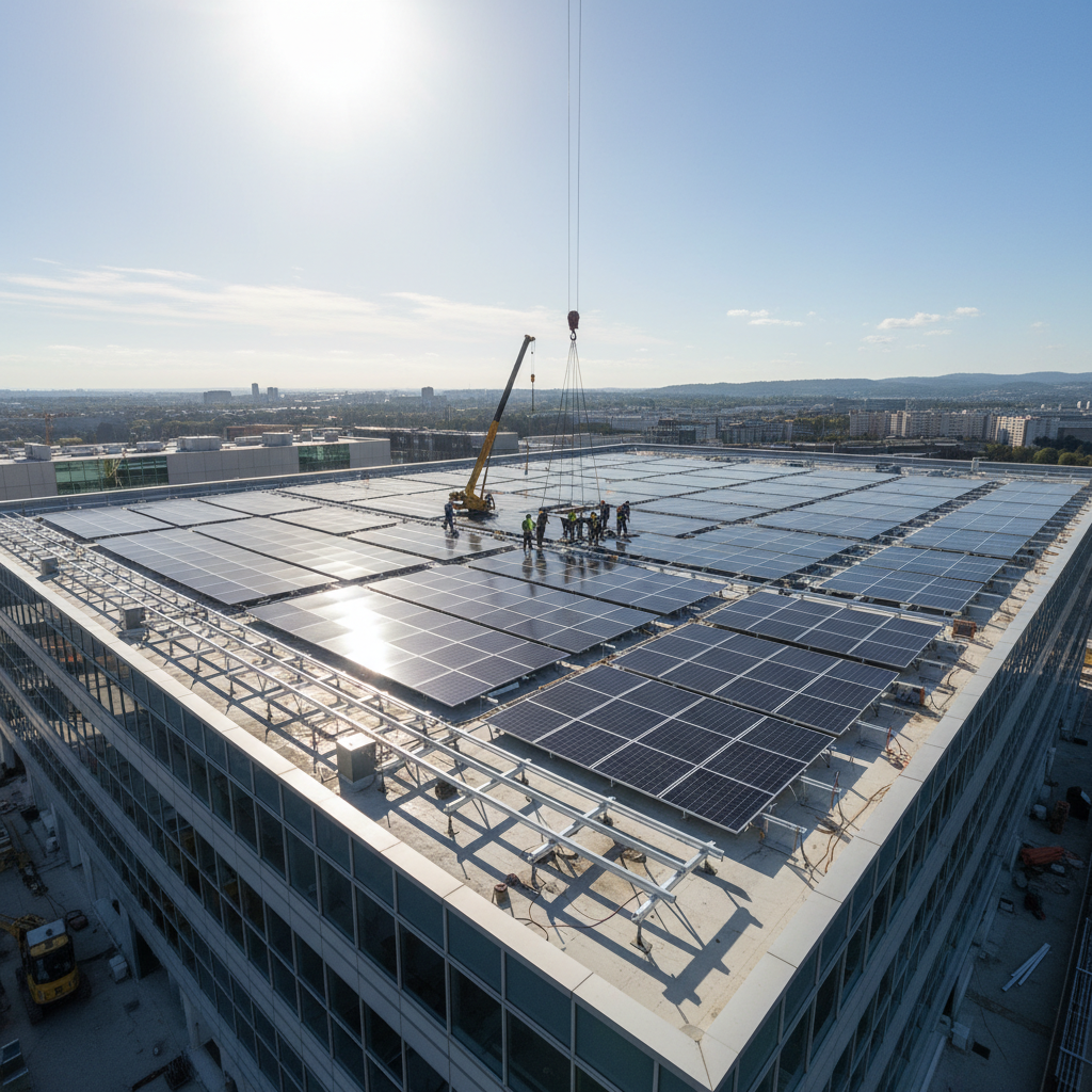 Construction workers installing large architectural glass skylight system on commercial building rooftop, bright daylight, professional installation
