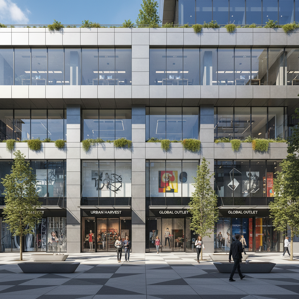 Prime commercial shop space with modern glass facade, high visibility location in busy market area