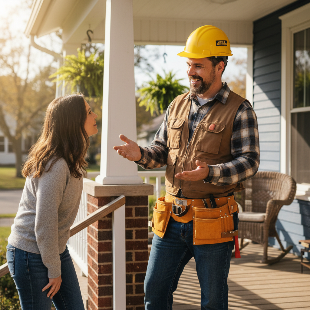 Friendly contractor speaking with a homeowner on the front porch of a Michigan home on a sunny afternoon