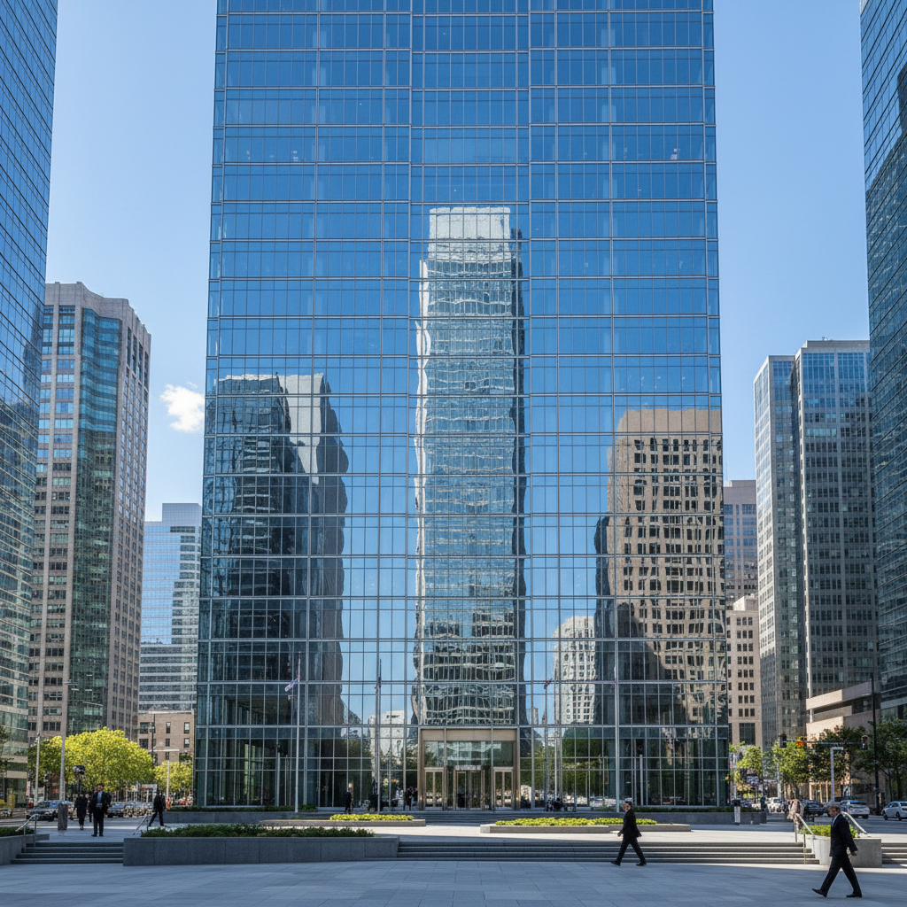 Modern bank building exterior with glass facade reflecting city lights in dim evening atmosphere
