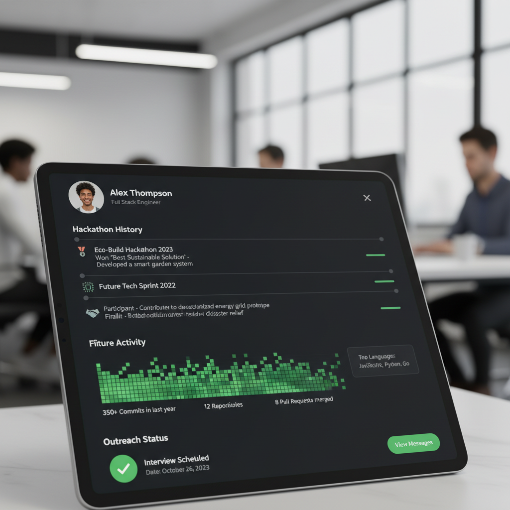Recruit platform candidate profile showing hackathon history, GitHub activity, and outreach status