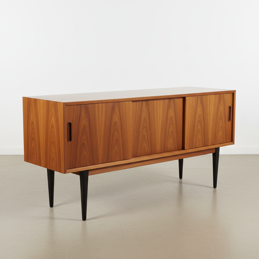 Restored Danish teak credenza with sleek mid-century legs and polished wood grain