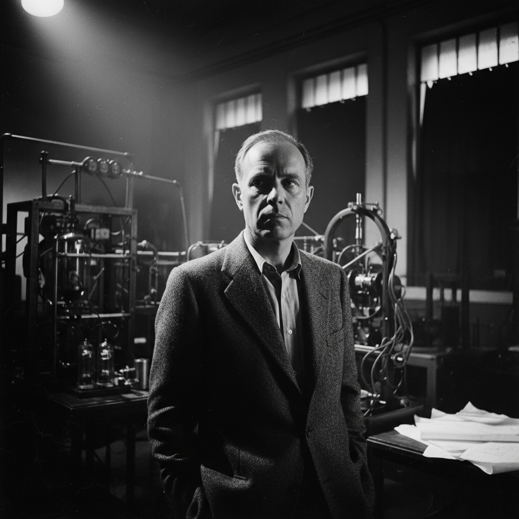Vintage scientific portrait photograph in sepia tones, serious expression, formal clothing, dark background