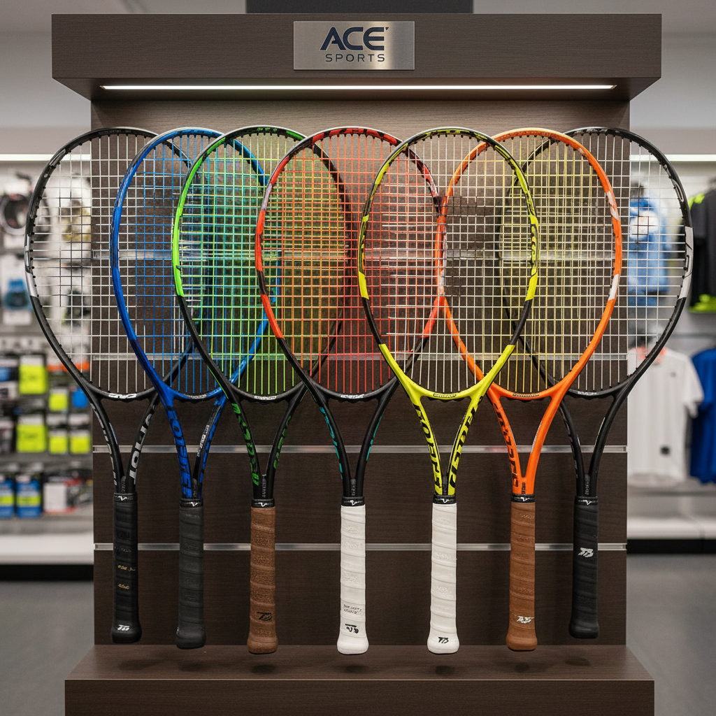Array of tennis racquets displayed on wall rack with colorful strings in pro shop