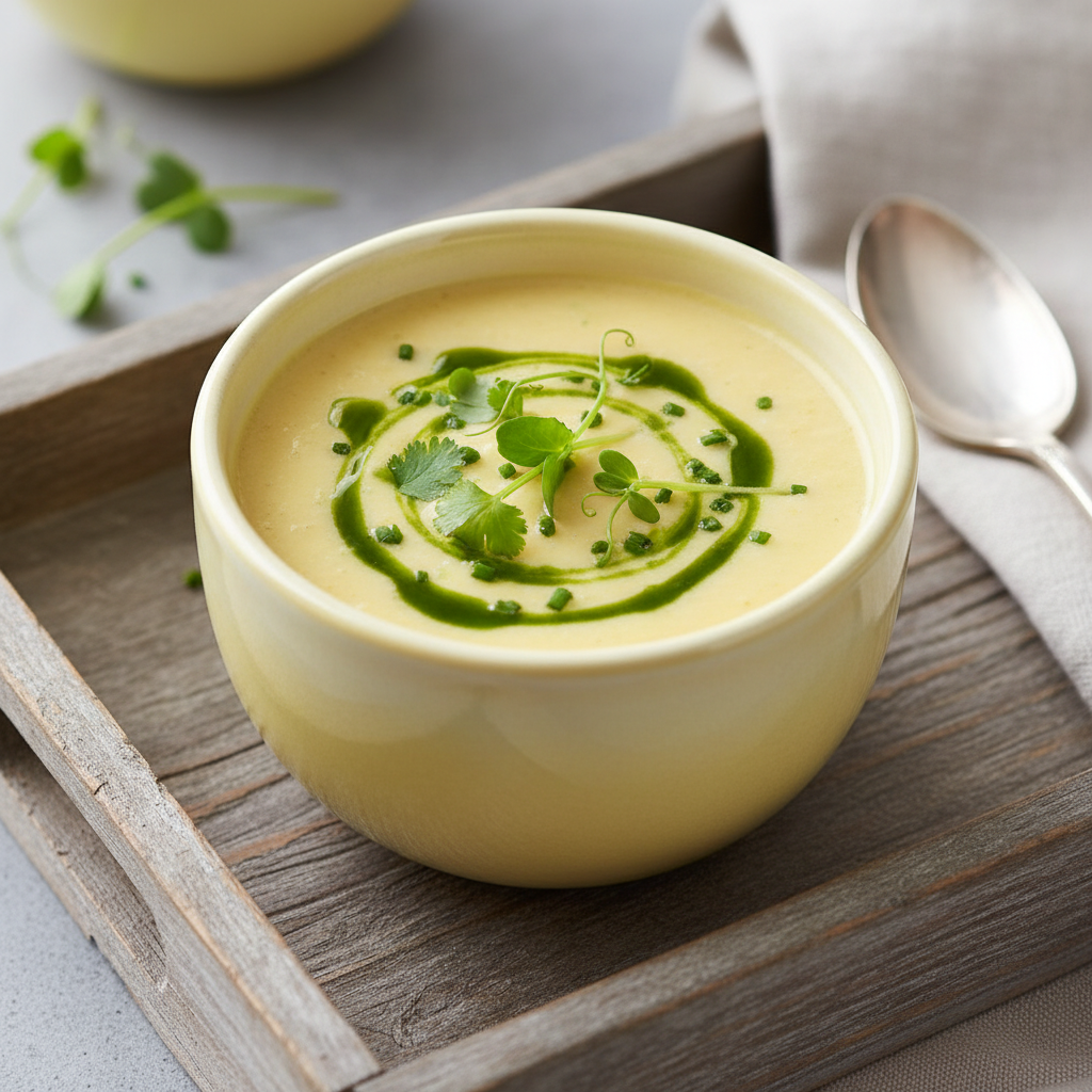 Small ceramic cup of pale yellow chilled corn bisque garnished with green chive oil and microgreens on a wooden tray