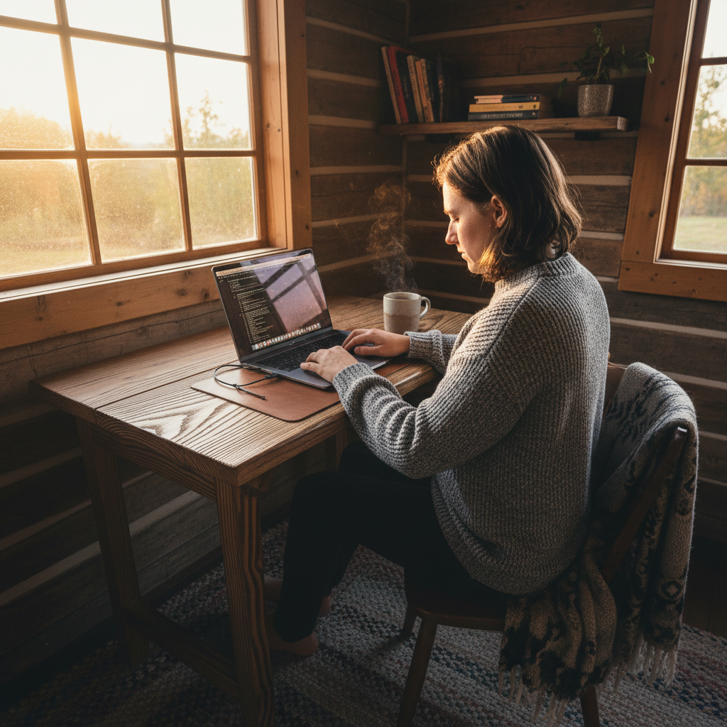 A person working at a fold-down wooden desk in a small cabin, warm afternoon light through a window, laptop open and a cup of coffee beside it