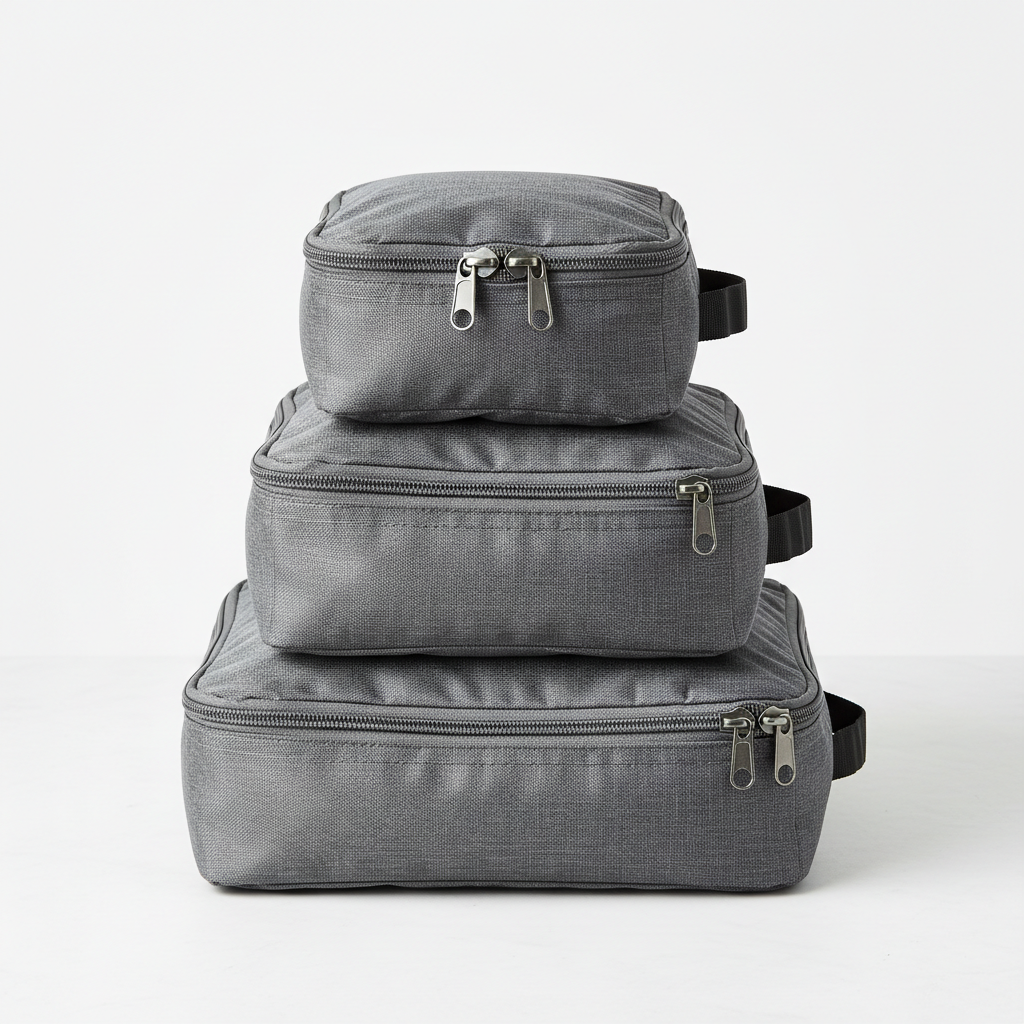 Set of colorful travel packing cubes organized on white bed, bright clean setting