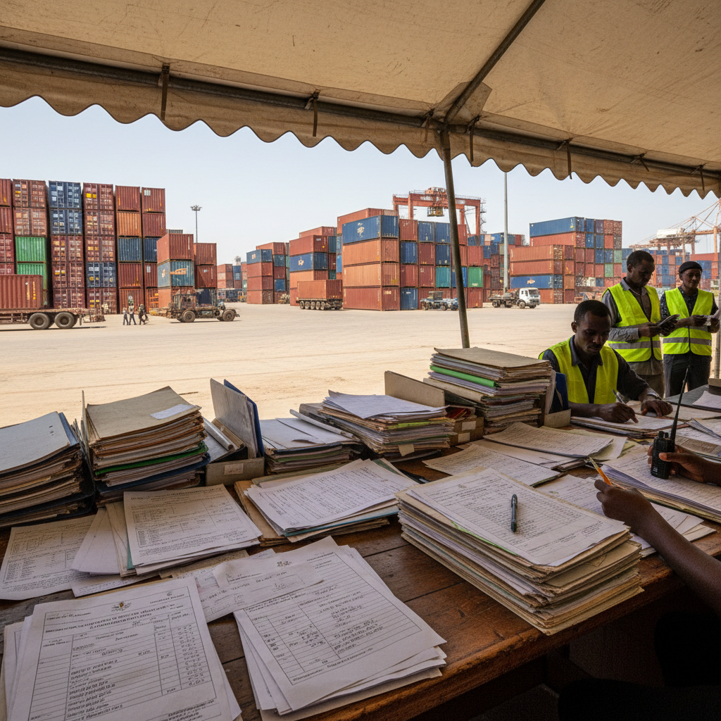 International shipping containers at port showing export/import logistics and customs procedures