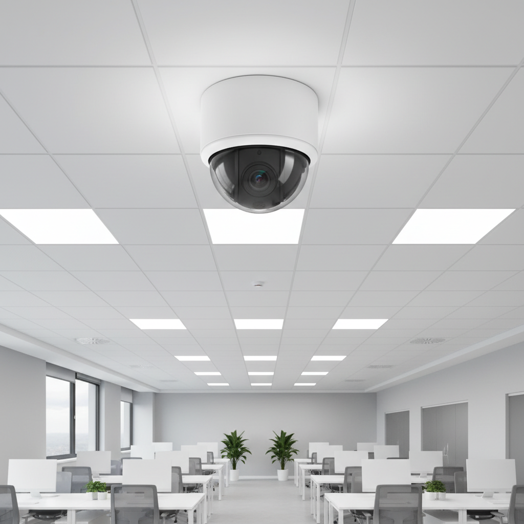 Modern commercial office building interior lobby, bright well-lit corporate space, security camera visible on ceiling, professional clean environment