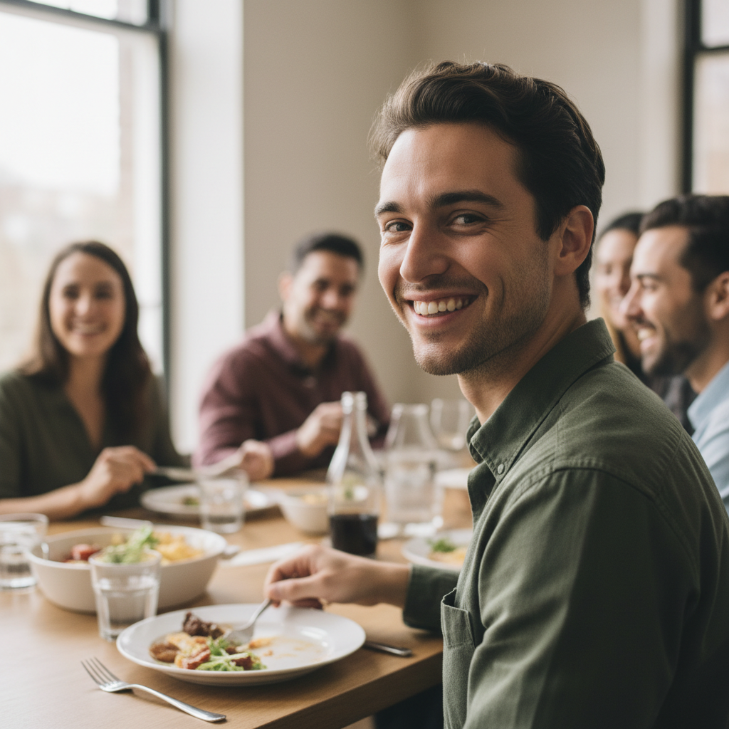 Person smiling at team lunch