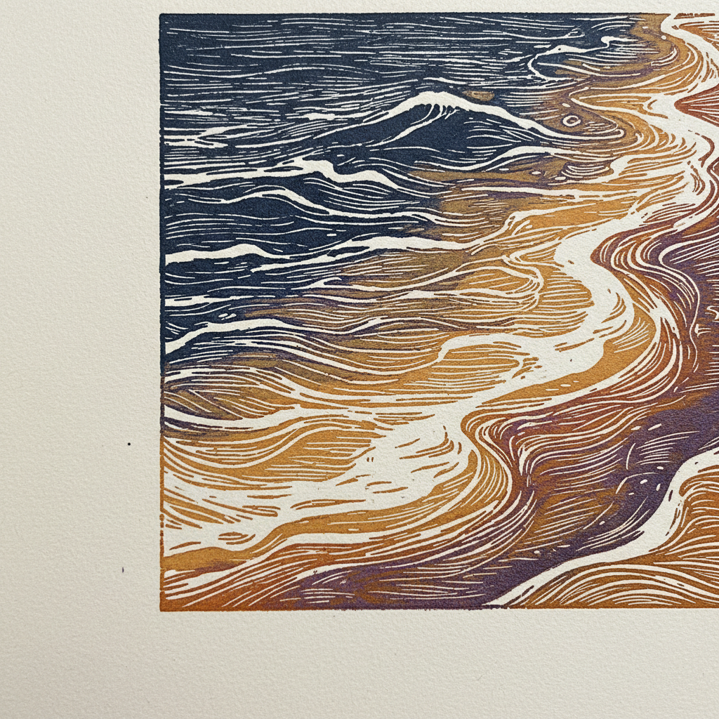 Close-up of a multi-color reduction linocut print showing ocean tide patterns in deep blue-black and warm ochre on cream cotton rag paper