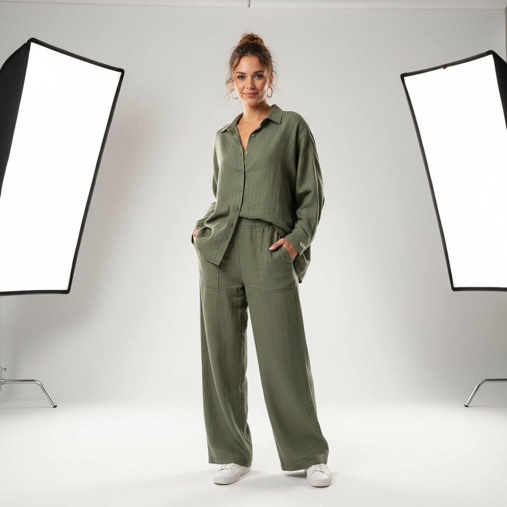 Modelo femenina con outfit casual chic colorido, ambiente alegre y luminoso