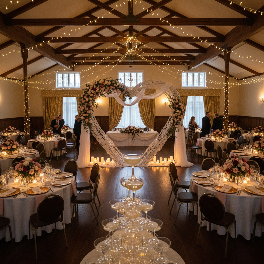 Community hall transformed with heart arch, rose centrepieces, candles, and champagne tower