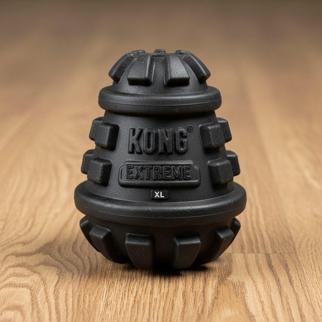 Red Kong rubber dog toy on wooden floor