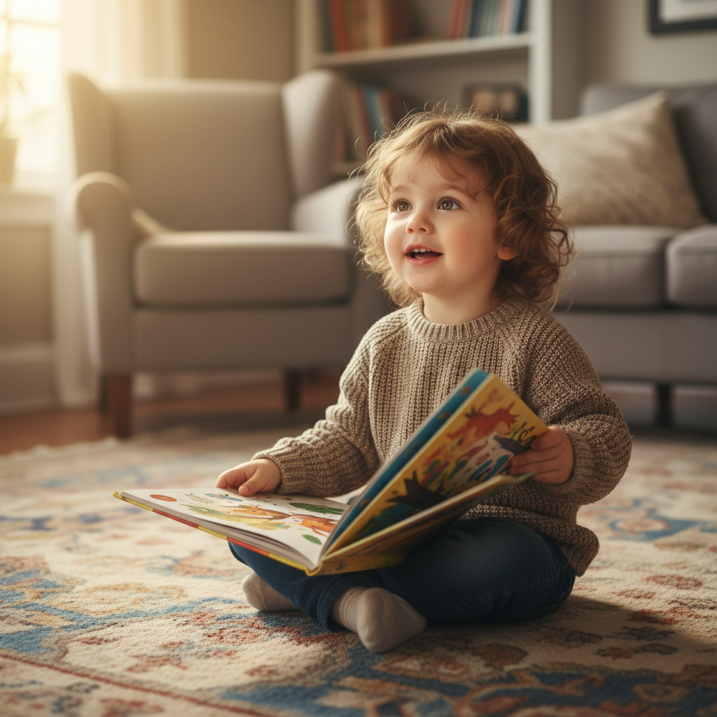 Small child sitting cross-legged on carpet reading aloud from a picture book, looking up with bright eyes