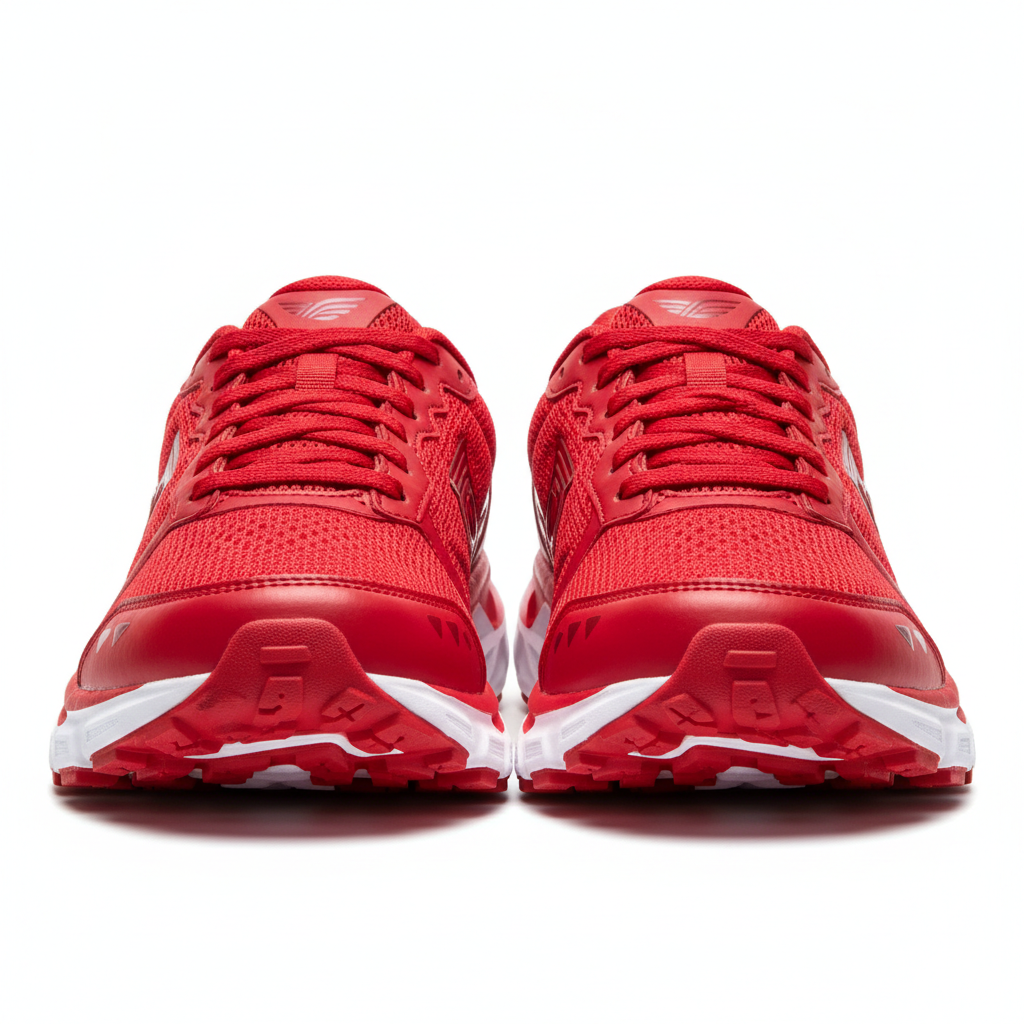 Red running shoe on white background, athletic footwear