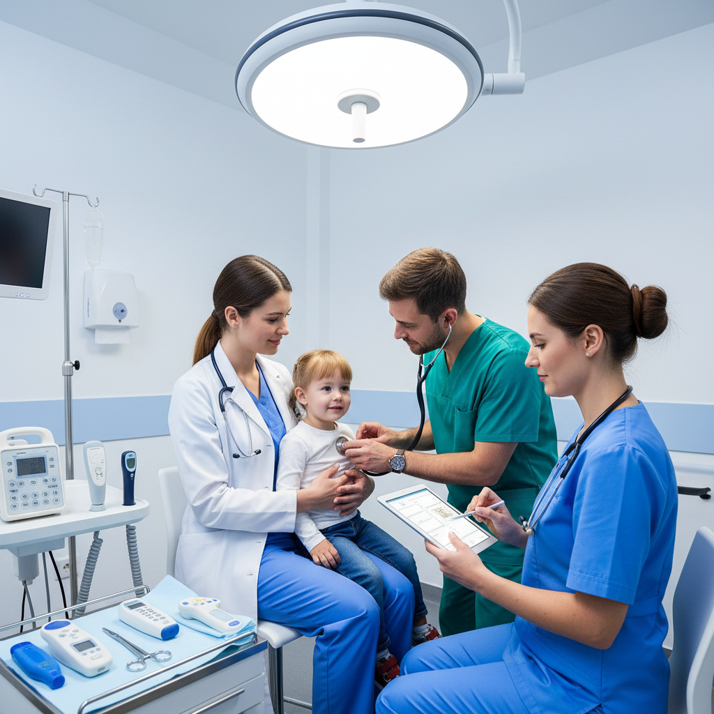 Healthcare worker checking a young child with a stethoscope in a makeshift clinic