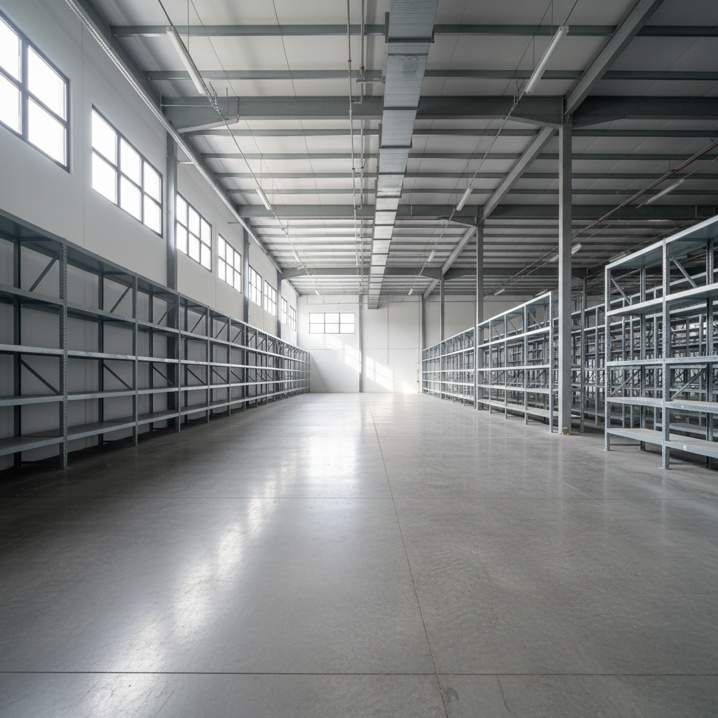 Commercial warehouse interior after debris clearance — empty concrete floor, industrial shelving cleared, ready for new tenant walkthrough
