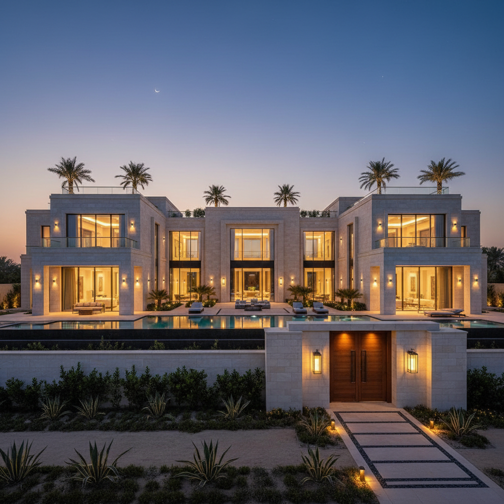 Luxury villa exterior at dusk, warm amber light, lush gardens, deep shadows, architectural photography