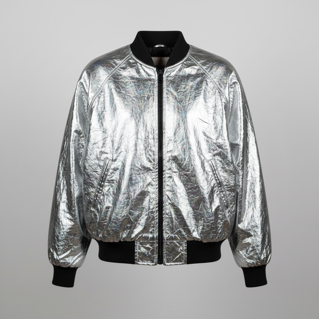Metallic silver finish t-shirt on dark hanger, fashion editorial photography
