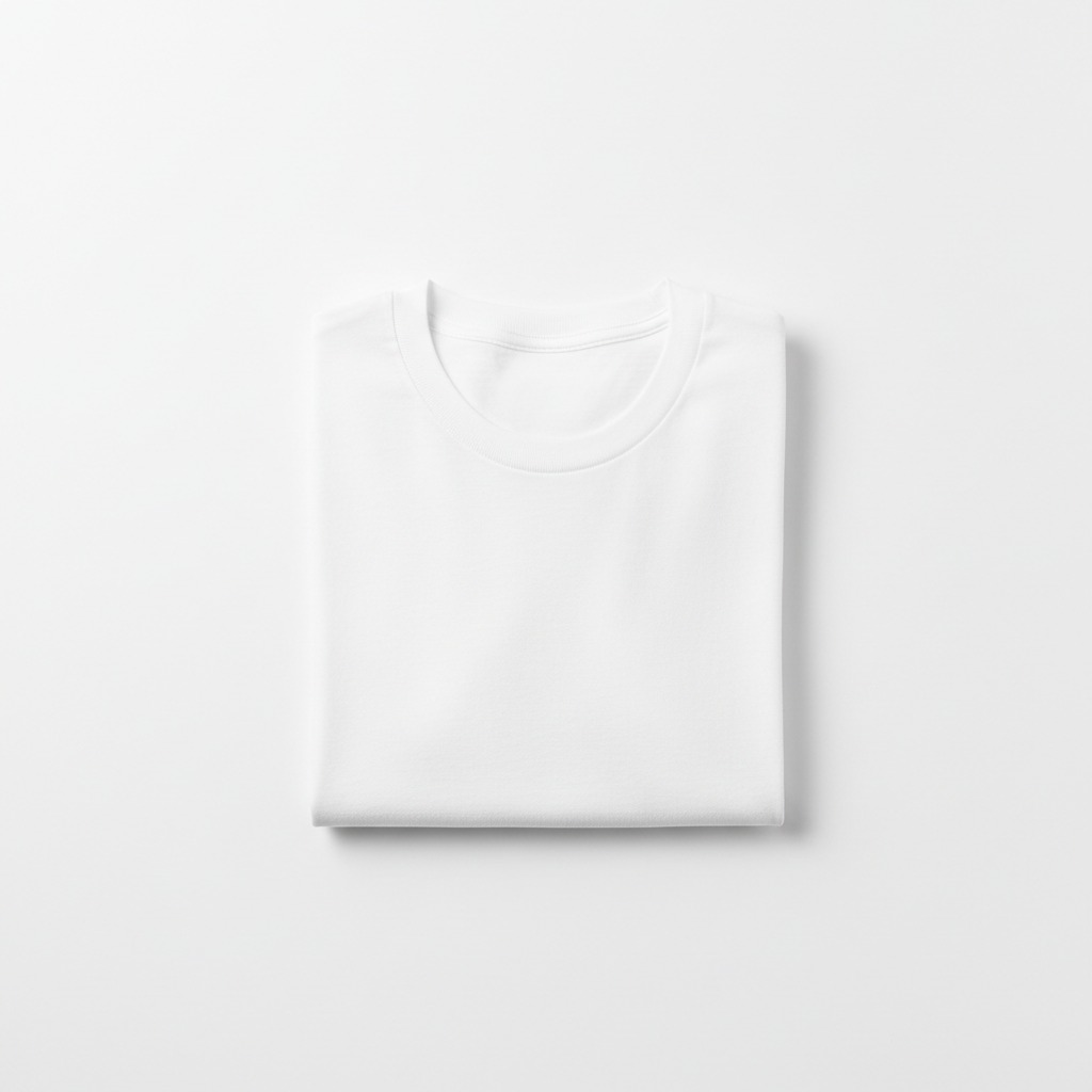 Bright white background with folded white oversized cotton t-shirt, clean minimal editorial