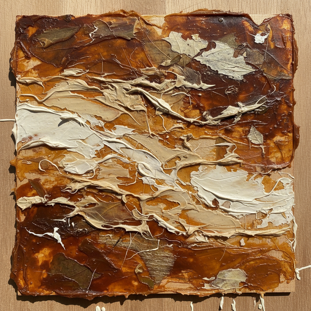 Large painting with cartographic textures, warm ochre and charcoal, encaustic wax layers, gallery installation view