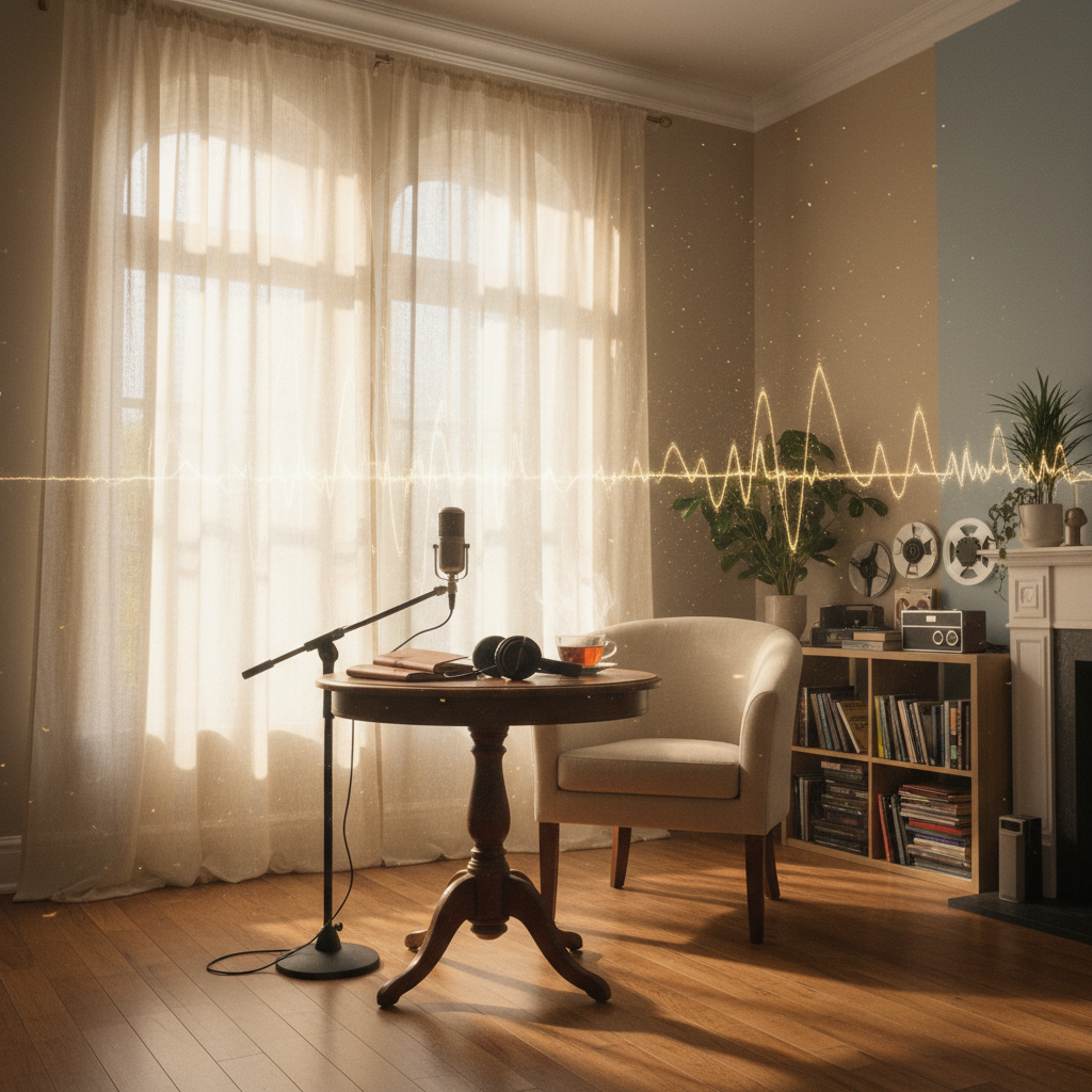 Sunlit room with soft diffused light through curtains, representing spoken word and voice recordings