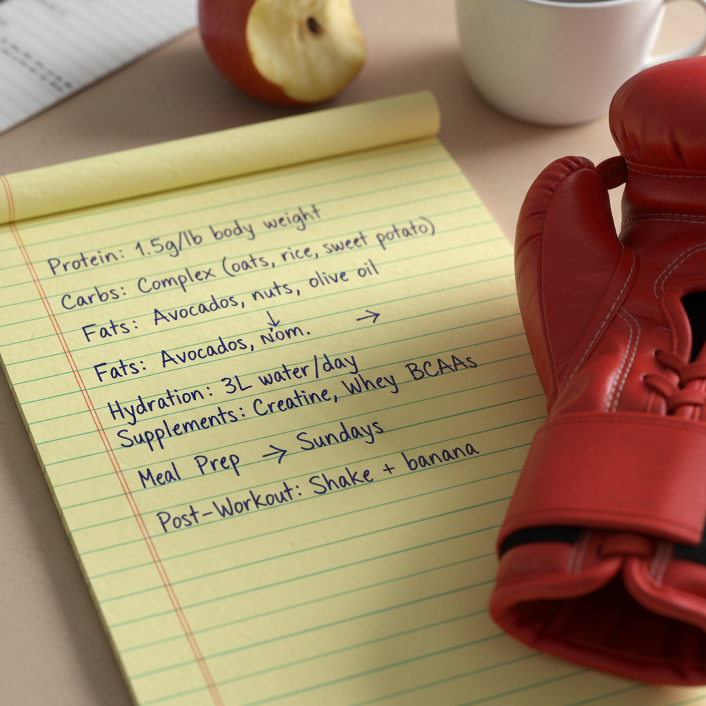 Handwritten nutrition notes on a yellow notepad next to a boxing glove