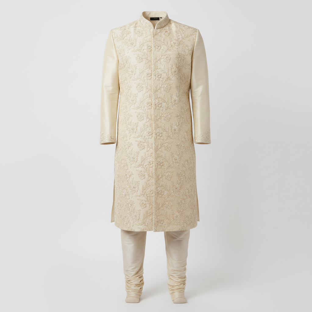Bright display of traditional white cotton kurta pyjama set with subtle embroidery on clean white background